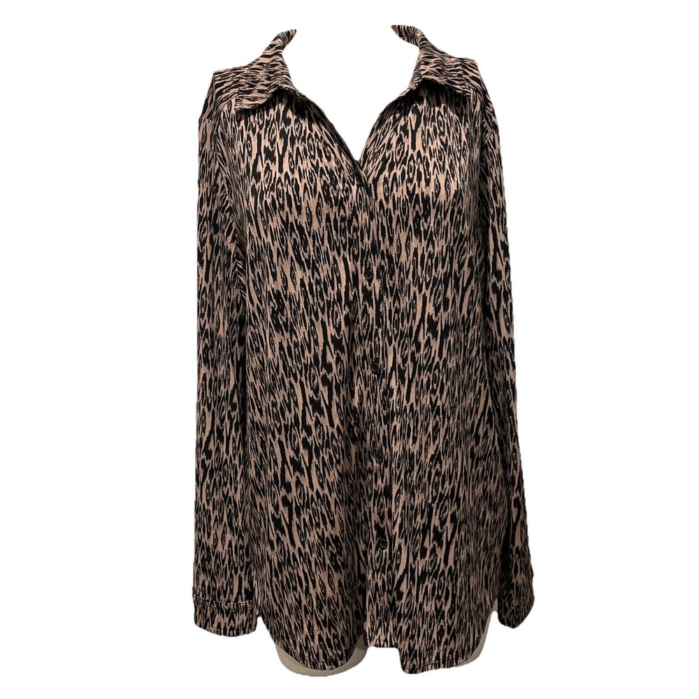 Adrianna Papell Women’s Sz XL Animal Print Blouse Brown Black Mob Wife Button Up